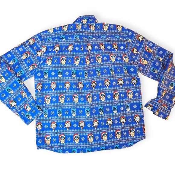 Justice League Blue Christmas Batman Superman Joker Button Down Shirt LARGE - Picture 4 of 7